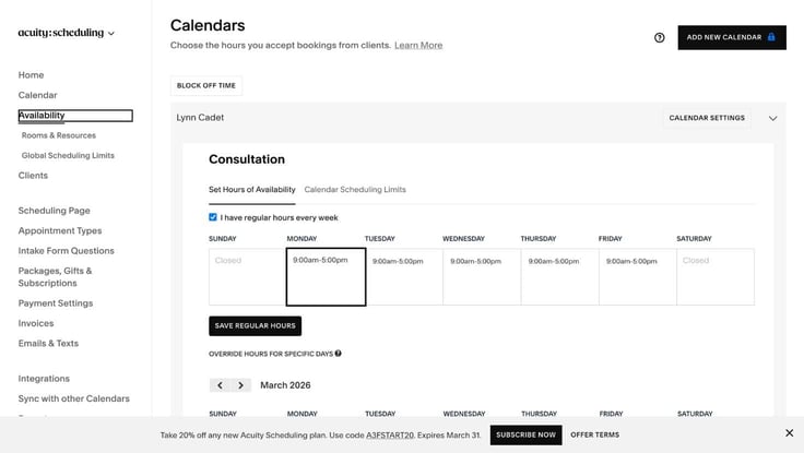 scheduling calendars with Acuity