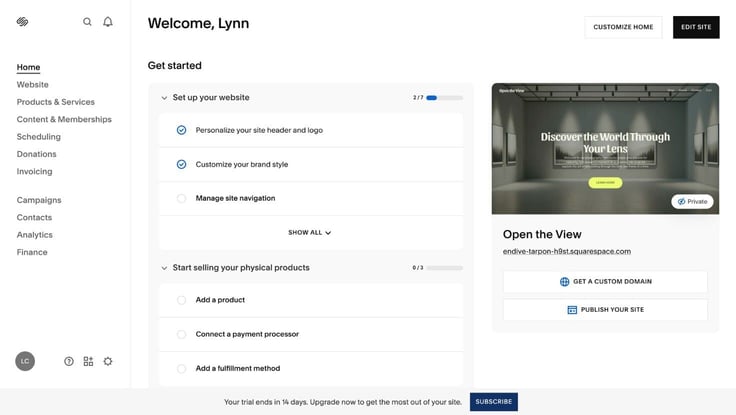 Squarespace dashboard