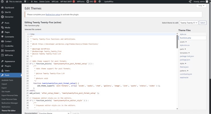 Edit themes under Tools page in WordPress cPanel. functions.php