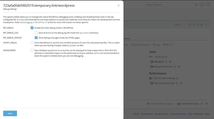 Open debug settings âEnable the main debug mode in WordPressâ then âshow debugâ and save.