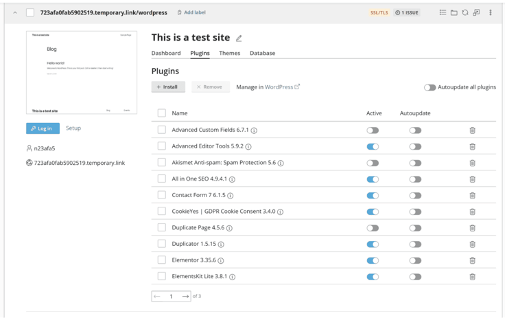 Plugins on WordPress Toggles: Advanced editor tools on, all in one SEO off, Contact form 7, CookieYes, etc. 