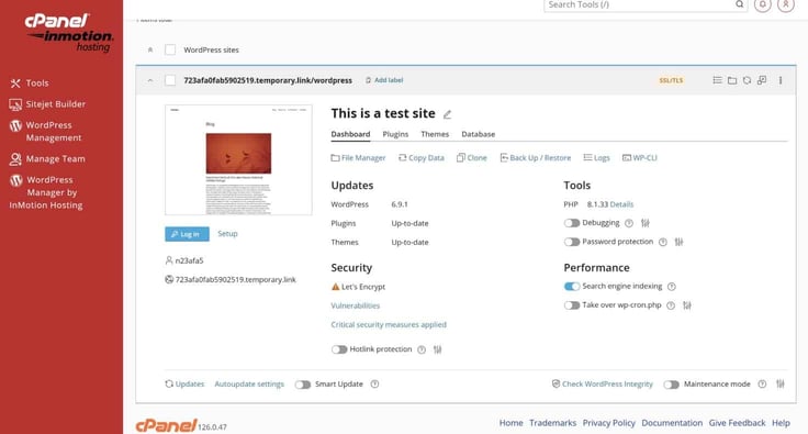 Enter cPanel on WordPress dashboard. "This is a Test Site" title.  The âWordPress Managementâ section: Updates, Tools, Security, and Performance.