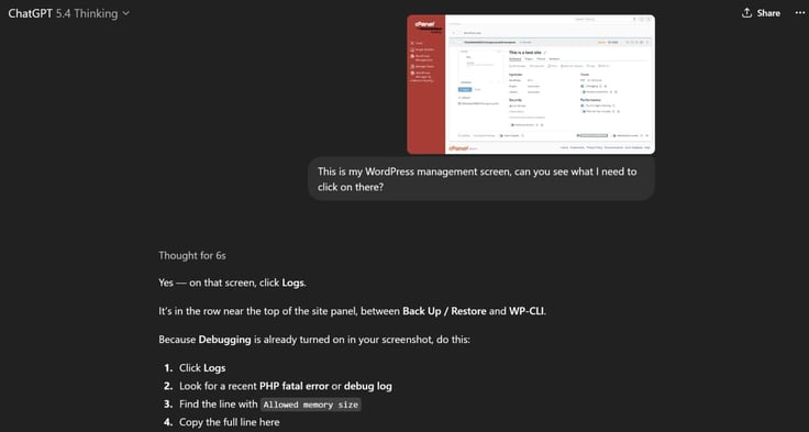 ChatGPT 5.4 thinking after screenshot of wordpress management screen to know what to click on. 