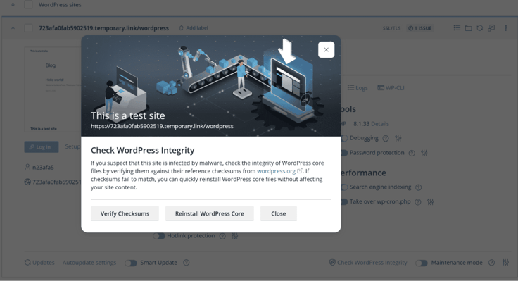 Check WordPress Integrity pop up. This is a test sight. 