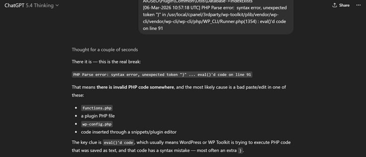  Giving ChatGPT Parse Error alert to understand. Response "It means there is invalid PHP Code somewhere. 