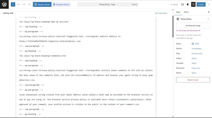 Page code edit for WordPress. editing code: paragraph, heading, blocks, etc. 