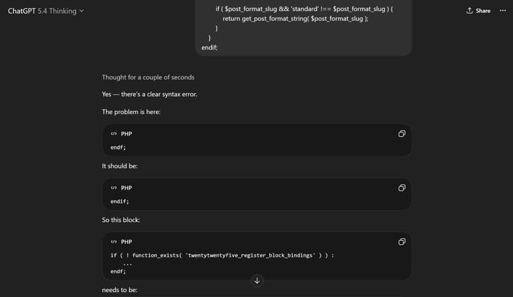 Giving ChatGPT code script to understand syntax error. It found the problem- PHP brackets. 