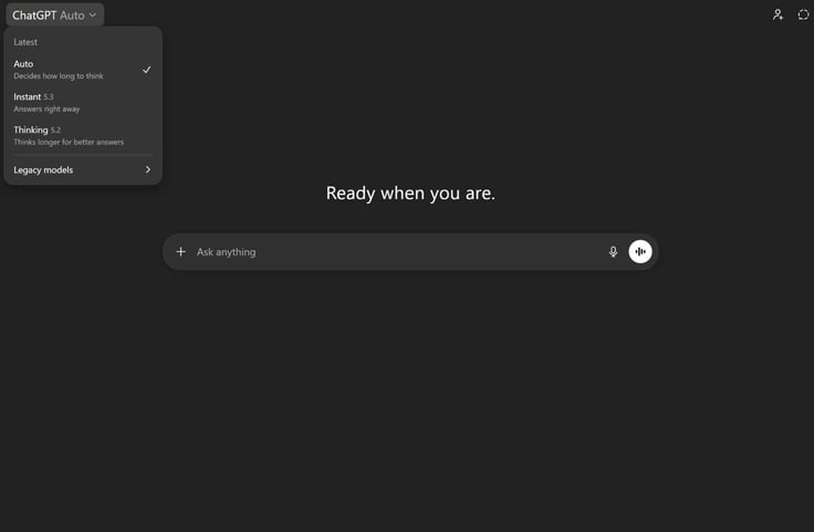 ChatGPT Auto mode: Ask me anything. Ready when you are screen. 