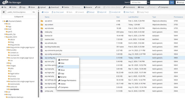 âFile Managerâ to access your WordPress siteâs wp-config.php file. 