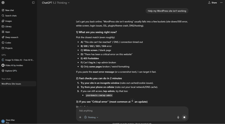 Use ChatGPT to Debug WordPress with the prompt 
