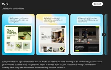A screenshot of the official Wix landing page within the ChatGPT app A screenshot of the official Wix landing page within the ChatGPT app