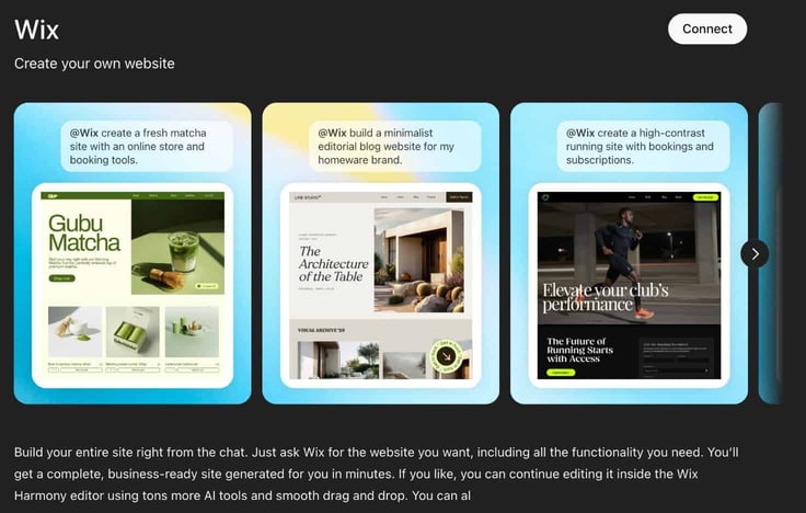 A screenshot of the official Wix landing page within the ChatGPT app