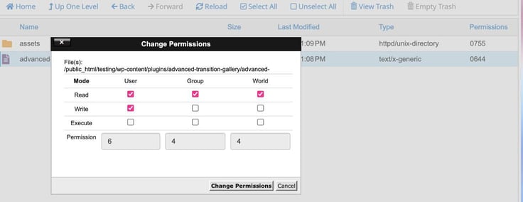 Another common issue is that of file permissions. Make sure that folders have 0755 and files have 0644 permissions. 