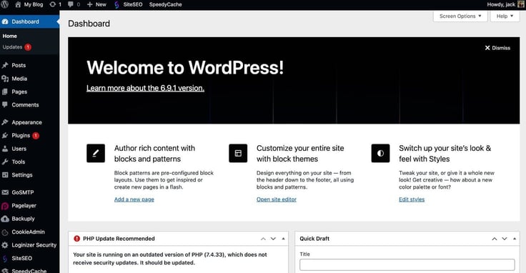 Once WordPress is installed and you've logged in, you should see the standard WordPress admin page.