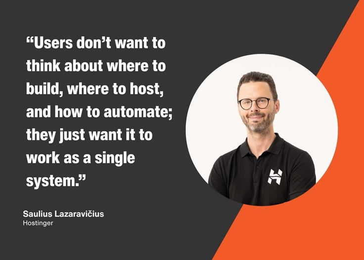Quote graphic featuring Saulius LazaraviÄius of Hostinger stating that users want website building, hosting, and automation to work as a single seamless system. Quote graphic featuring Saulius LazaraviÄius of Hostinger stating that users want website building, hosting, and automation to work as a single seamless system.