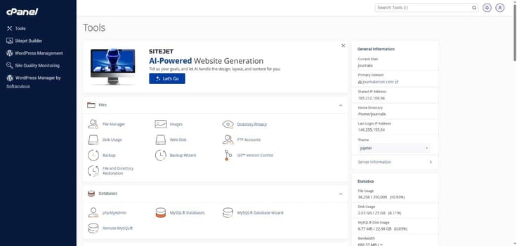 cPanel dashboard - Tools section 