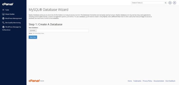 cPanel MySQL Database Wizard - Create a Database text field - Step1: Create a Database