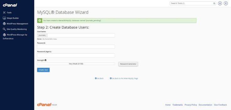 cPanel MySQL Database Wizard - Step 2: Create Database Users: Username and Password