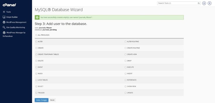 cPanel MySQL Database Wizard - Step 3: Add user to tyhe database