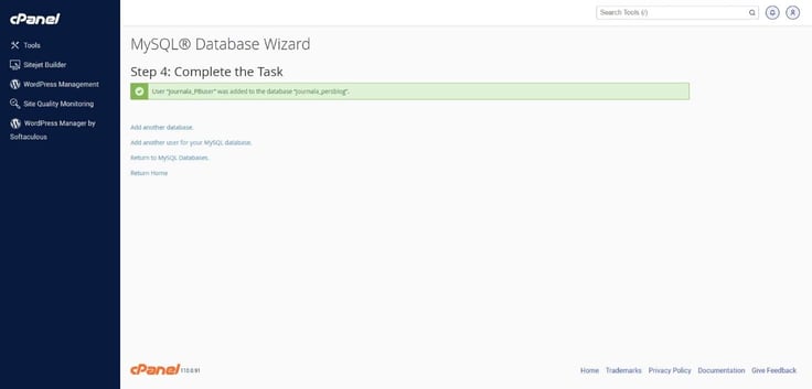 cPanel MySQL Database Wizard - Step 4: Complete the Task