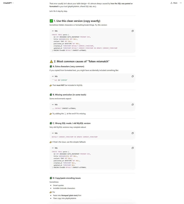ChatGPT responded to Error: Token Mismatch with a clean version of code to copy and most common causes: extra characters, missing semicolon, and wrong SQL mode. 