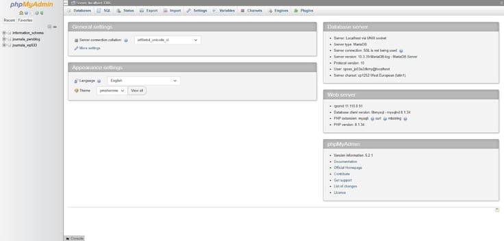 phpMyAdmin - Databases control panel