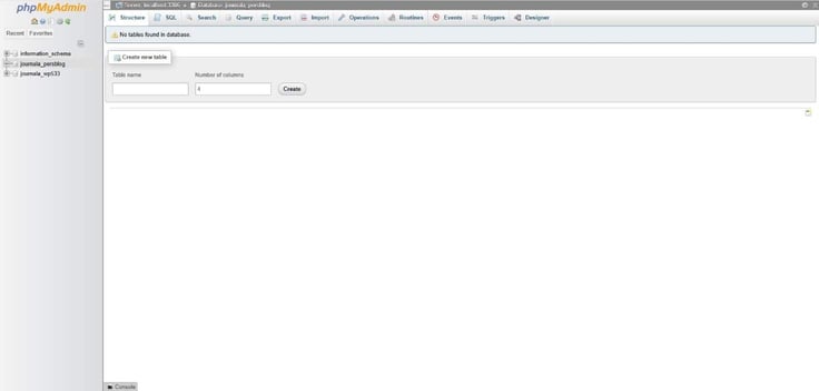 Database is selected and showing "Table Name" text field and "Number of Columns"