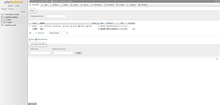 "Structure" section open under phpMyAdmin control panel