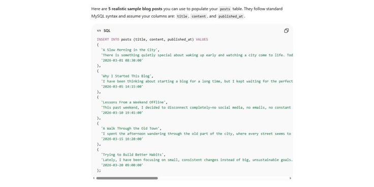Sample blog information generated with ChatGPT. Five options correctly formatted with green SQL code