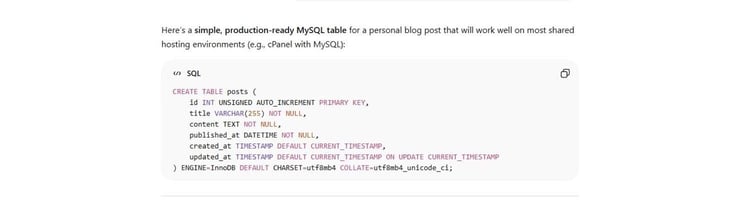 ChatGPT generated code for a simple, production ready MySQL table. 