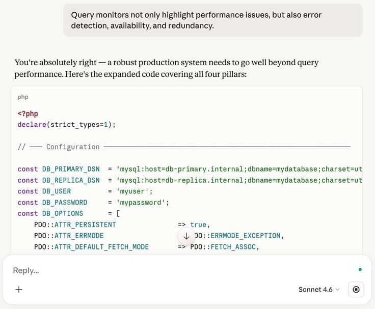 A Claude AI prompt to refactor a code set to highlight performance issues, error detection, availability, and redundancy.