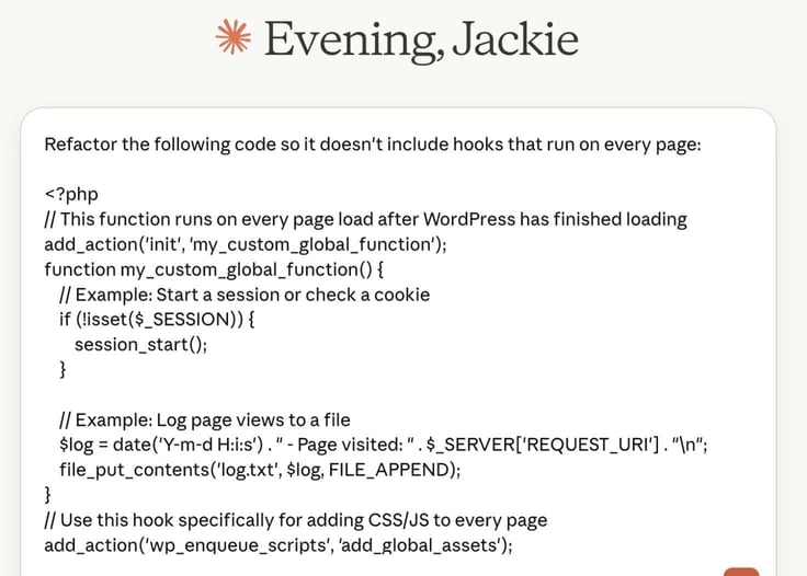 A Claude AI prompt to refactor a code set so it doesn't include hooks for every page