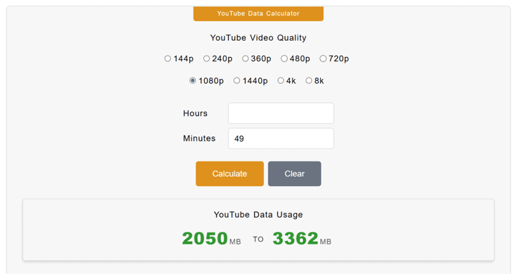 Youtube video quality to data usage calculator showing 1080p uses 2050MB of data. Youtube video quality to data usage calculator showing 1080p uses 2050MB of data.
