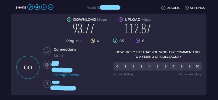 Speedtest.net showing a download speed of 93.77 Mbps and upload of 112.87 Mbps Speedtest.net showing a download speed of 93.77 Mbps and upload of 112.87 Mbps