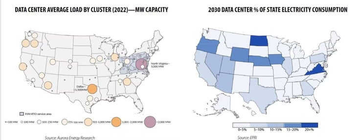 Maps showing U.S. data center capacity by region by 2030, highlighting high concentrations in Virginia, Texas, and other key markets. Maps showing U.S. data center capacity by region by 2030, highlighting high concentrations in Virginia, Texas, and other key markets.