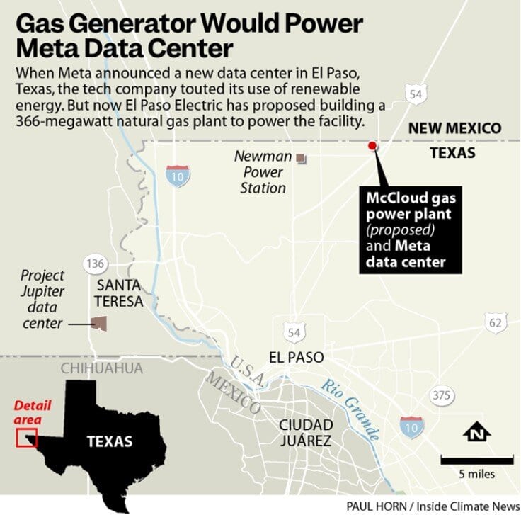 Map showing the location of Metaâs planned El Paso data center and the proposed McCloud natural gas power plant. Map showing the location of Metaâs planned El Paso data center and the proposed McCloud natural gas power plant.