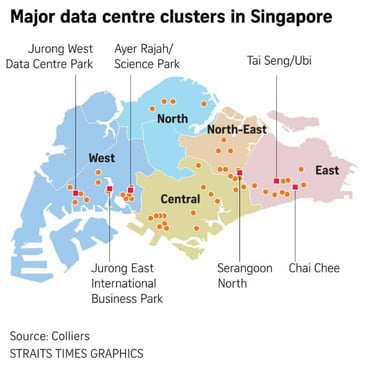 Map of Singapore showing major data center clusters across regions including Jurong, Ayer Rajah, Tai Seng, and Chai Chee, with high concentrations in central and eastern areas Map of Singapore showing major data center clusters across regions including Jurong, Ayer Rajah, Tai Seng, and Chai Chee, with high concentrations in central and eastern areas