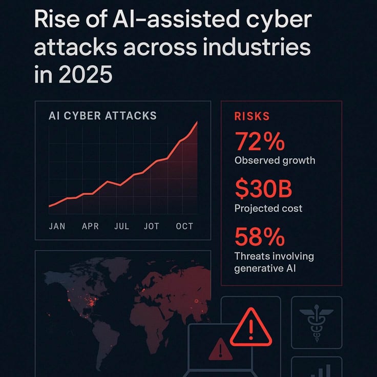Graphic showing rise in AI-assisted cyberattacks in 2025, including 72% growth Graphic showing rise in AI-assisted cyberattacks in 2025, including 72% growth