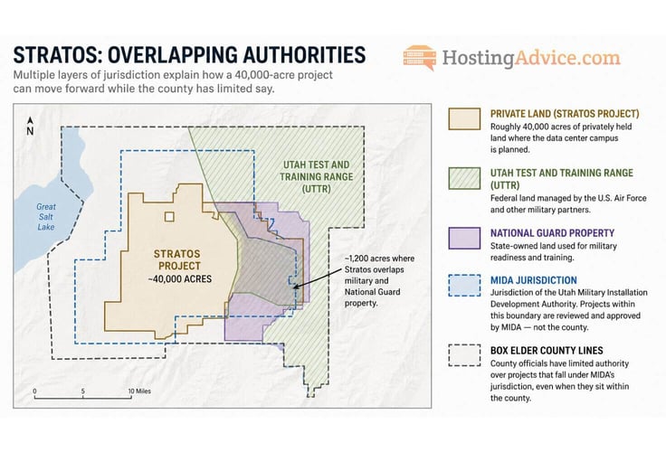 Map showing overlapping jurisdictions for the Stratos data center project in Box Elder County, Utah