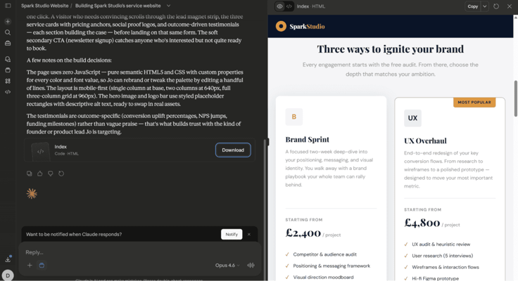 Creating an offer section on Claude Projects "Brand Sprint" for 2,400 and UX overhaul for 4,800 British Pounds. 