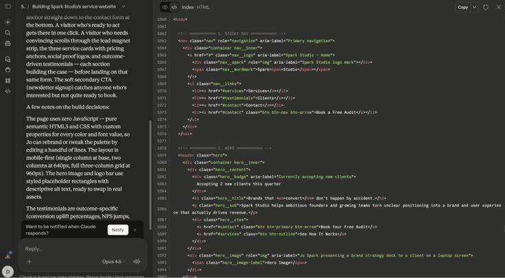 The HTML code output from Claude for a finished website landing page
