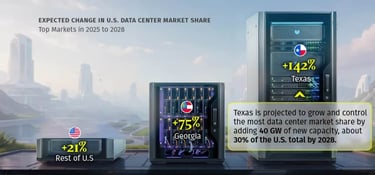 Graphic showing projected U.S. data center market share growth from 2025 to 2028, with Texas leading at +142%, followed by Georgia at +75% and the rest of the U.S. at +21% Graphic showing projected U.S. data center market share growth from 2025 to 2028, with Texas leading at +142%, followed by Georgia at +75% and the rest of the U.S. at +21%