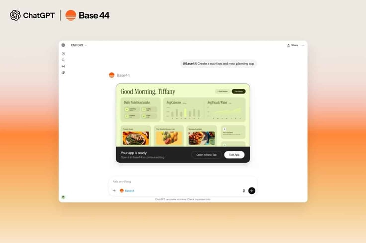 Screenshot of ChatGPT interface showing a user prompt to Base44 to create a nutrition and meal planning app