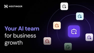 Hostinger graphic showing multiple AI agent icons surrounding a central assistant, labeled âYour AI team for business growth"