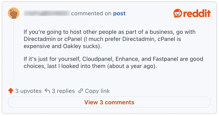 Screenshot of a Reddit comment recommending DirectAdmin or cPanel for hosting businesses, noting cPanel is expensive, and suggesting CloudPanel, Enhance, and FastPanel as alternatives for personal use