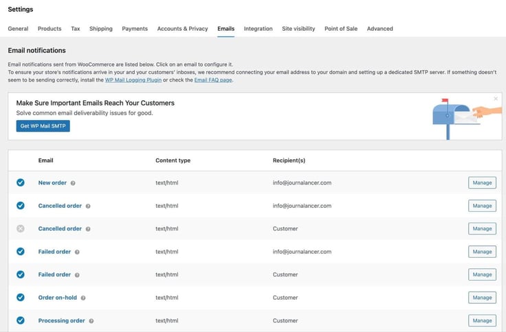 Settings - Emails - blue checks next to email options like "New order" and "Cancelled order"