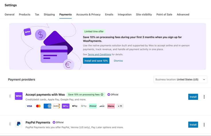 Under Settings - install options for "Accept payments with Woo" and PayPal payments
