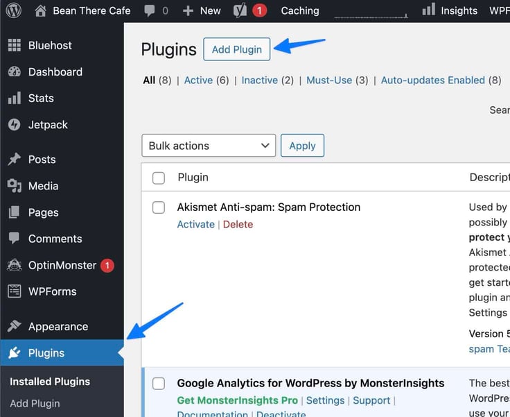Blue arrow pointing to "Plugins" in the sidebar and then a blue arrow pointing to "Add Plugin" in the new window. 