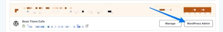 Blue arrow pointing to "WordPress Admin" button on right side. 