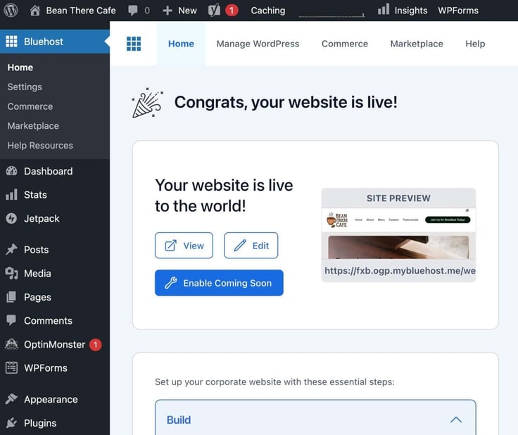 Bluehost cPanel notification "Congrats, your website is live!" 